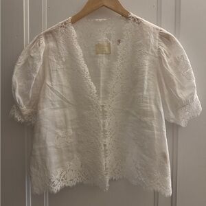 Dôen Heirloom Lace Trim Puff Sleeve Blouse Ivory Size M